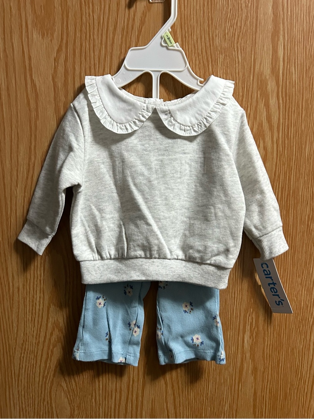 2pc Grey Sweatshirt w/White Collar & Blue Floral Pants Set